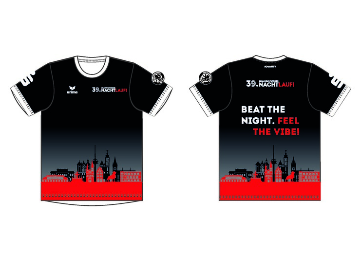 Hier sieht man unser Nachtlaufshirt aus 2025. Es ist schwarz, rot und trägt die Braunschweiger Skylinie.