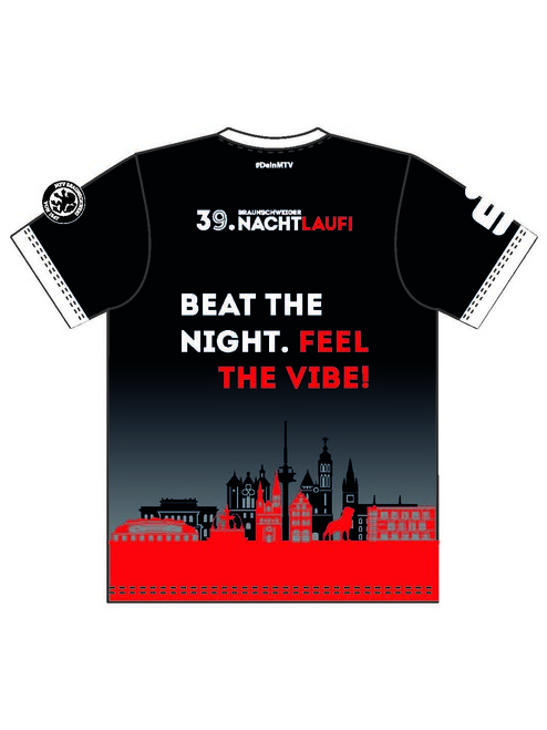 Hier sieht man unser Nachtlaufshirt aus 2025. Es ist schwarz, rot und trägt die Braunschweiger Skylinie.