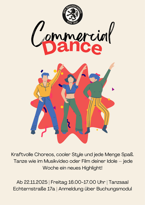 Hier siehst du unser Plakat für den neuen Tanzkurs: Commercial Dance.