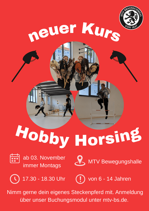Hier siehst du ein Plakat zu unserem neuen Hobby Horse Kurs, welcher am Montag startet
