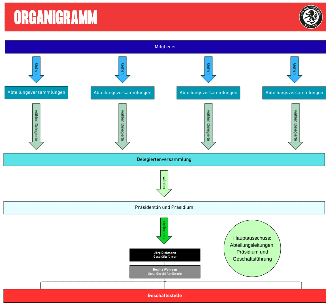 Organigramm des MTV Braunschweig: An oberster Stelle stehen die Mitglieder. Diese geh&ouml;ren zu verschiedenen Abteilungen, die jeweils Abteilungsversammlungen durchf&uuml;hren. In den Abteilungsversammlungen werden Delegierte gew&auml;hlt. Alle Delegier