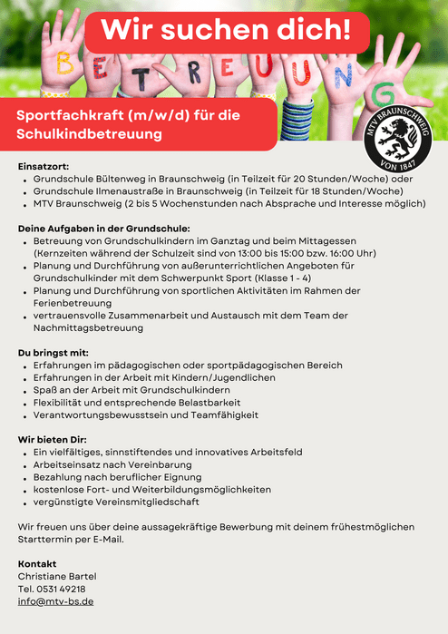 Hier siehst du unsere Stellenausschreibung f&uuml;r eine Sportfachkraft (m/w/d)