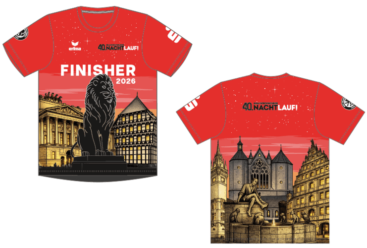 Rotes Finisher-T-Shirt f&uuml;r den 40. Braunschweiger Nachtlauf 2026, Vorder- und R&uuml;ckansicht. Vorderseite mit gro&szlig;em Schriftzug &bdquo;FINISHER 2026&ldquo;, Logo des Nachtlaufs und Illustration des Braunschweiger L&ouml;wen vor historischen G