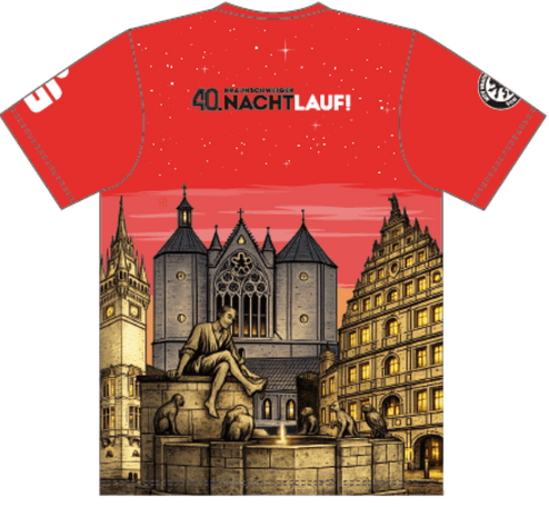 Rotes T-Shirt mit Schriftzug &bdquo;40. Braunschweiger Nachtlauf&ldquo; und Illustration des Burgplatzes mit Dom, Burg Dankwarderode und Brunnen vor n&auml;chtlicher Stadtkulisse.
