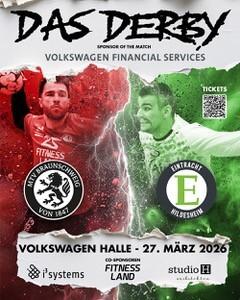 Poster f&uuml;r das Handball-Derby zwischen dem MTV Braunschweig und Eintracht Hildesheim am 27. M&auml;rz 2026 in der Volkswagen Halle. In der Mitte sind die beiden Mannschaftslogos zu sehen (MTV-Braunschweig-Wappen links, Eintracht-Hildesheim-Logo recht