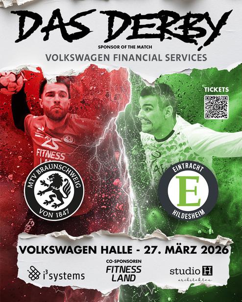 Poster f&uuml;r das Handball-Derby zwischen dem MTV Braunschweig und Eintracht Hildesheim am 27. M&auml;rz 2026 in der Volkswagen Halle. In der Mitte sind die beiden Mannschaftslogos zu sehen (MTV-Braunschweig-Wappen links, Eintracht-Hildesheim-Logo recht