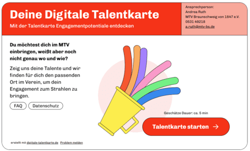 Grafik mit dem Titel „Deine Digitale Talentkarte“ in rotem Kopfbereich. Links steht ein Text, der Mitglieder des MTV dazu einlädt, ihre Talente einzubringen. Rechts eine Illustration eines gelben Bechers, aus dem bunte Streifen herausrage