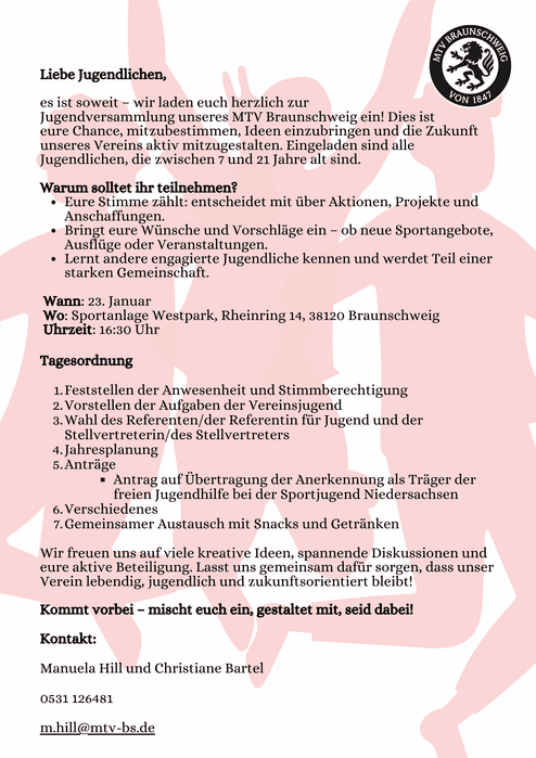 Hier siehst du die Einladung zu unser Jugendversammlung. Diese ist am 23. Januar auf der Sportanlage Westpark. Teilnehmen können alle zwischen 7 und 21 Jahren.