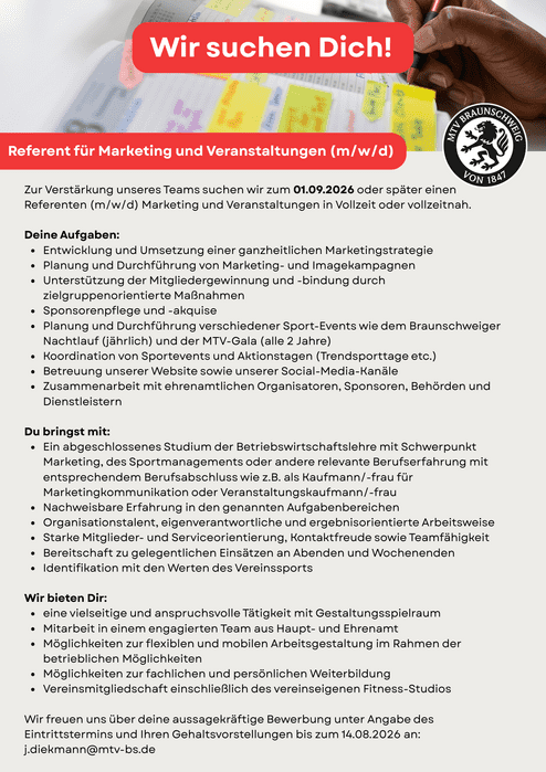 Hier siehst du unsere Stellenausschreibung zum Referenten (m/w/d) für Marketing und Veranstaltungen..