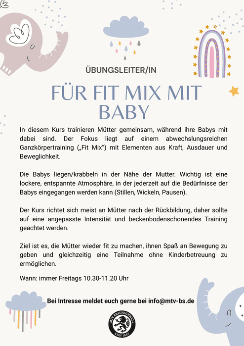 Übungsleiter Fit Mix mit Baby Auf dem Plakat siehst du Infos zu unseren offenden Stelle als Übungsleiter für Fitmix mit Baby