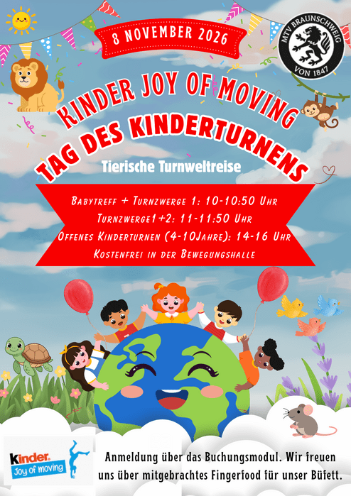 Kinder hinter einer Weltkugel die sich an den H&auml;nden fassen. Tag des Kinderturnens am 8.11.2026 mit verschiedenen Kinderturnangeboten.