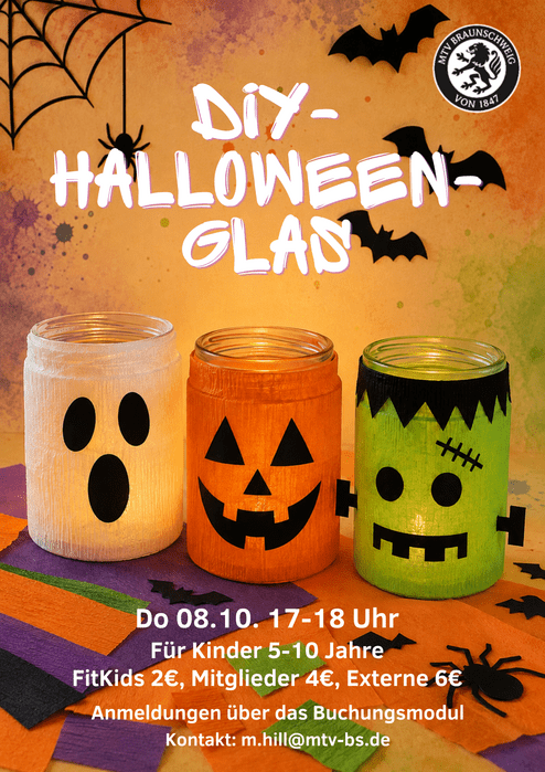 Hier siehst du unsere DIY- Halloween Aktion am 8.10.26 von 17 - 18 Uhr. Auf dem Bild siehst du drei bunte Halloween Gläser..