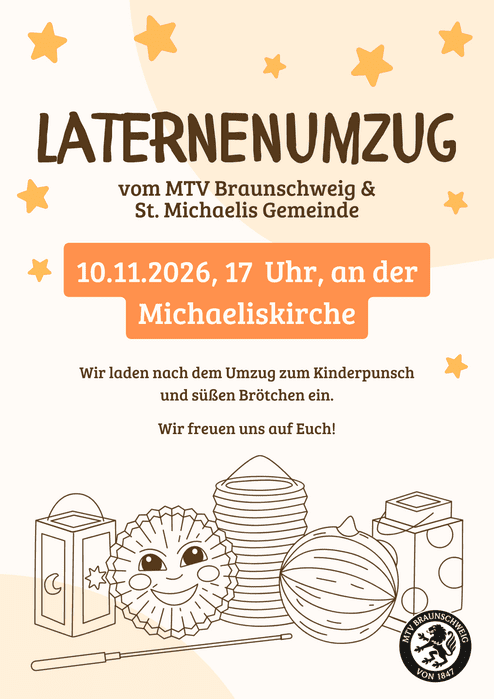 Laternenumzug am 11.11.2026. Bild mit Laternen und Informationen zum Umzug.