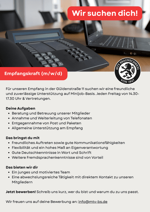 Hier siehst du unsere Stellenausschreibung für eine Empfangskraft (m/w/d).