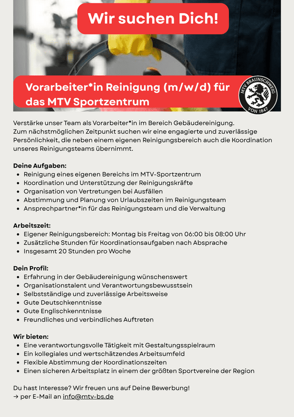 Stellenausschreibung für eine/n Vorarbeiter/in für das MTV Sportzentrum