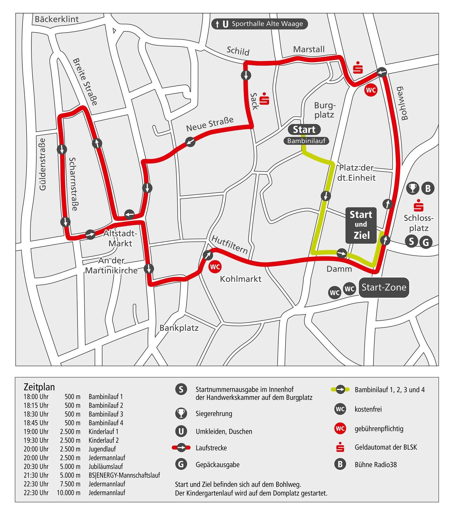 Poster zum &bdquo;40. Braunschweiger Nachtlauf&ldquo; mit dem Titel &bdquo;Streckenplan&ldquo;. In der Mitte ist eine Karte der Braunschweiger Innenstadt zu sehen, auf der die Laufstrecke in Rot und ein k&uuml;rzerer Abschnitt (Start/Ziel-Bereich) in Gelb