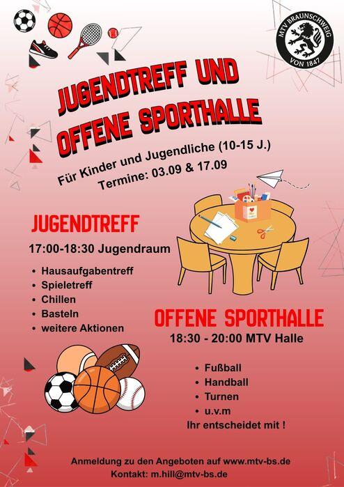 Hier siehst du unser Plakat zum Jugendtreff und der offenen Sporthalle.