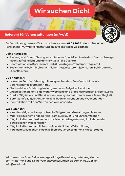 Hier siehst du unsere Stellenausschreibung zum Referenten (m/w/d) für Marketing und Veranstaltungen..